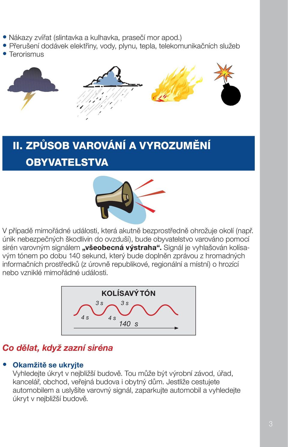 únik nebezpečných škodlivin do ovzduší), bude obyvatelstvo varováno pomocí sirén varovným signálem všeobecná výstraha.