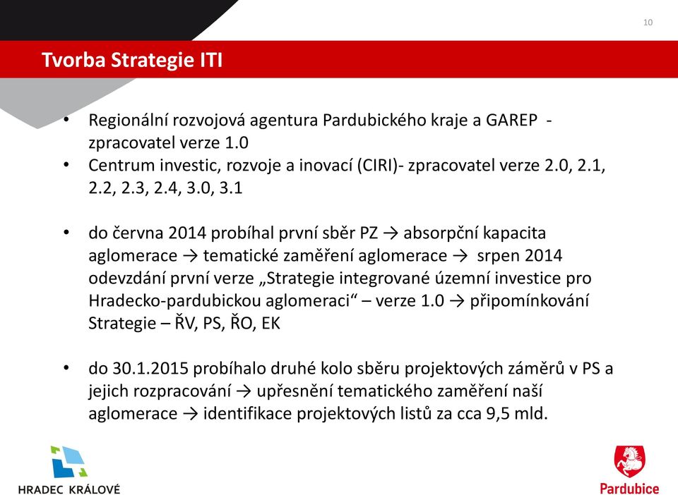 1 do června 2014 probíhal první sběr PZ absorpční kapacita aglomerace tematické zaměření aglomerace srpen 2014 odevzdání první verze Strategie integrované