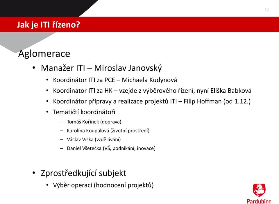 výběrového řízení, nyní Eliška Babková Koordinátor přípravy a realizace projektů ITI Filip Hoffman (od 1.12.