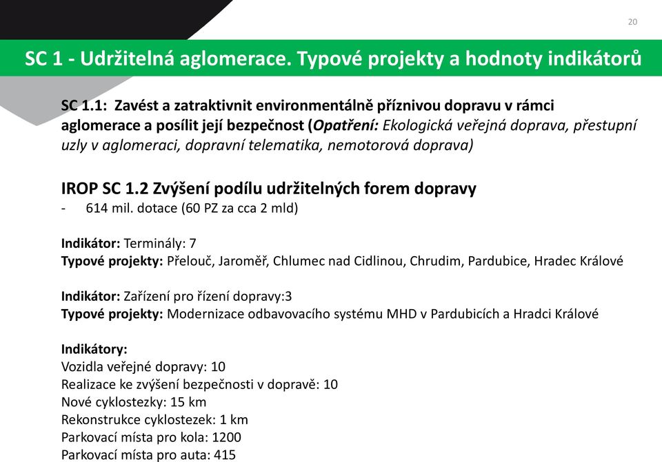 nemotorová doprava) IROP SC 1.2 Zvýšení podílu udržitelných forem dopravy - 614 mil.