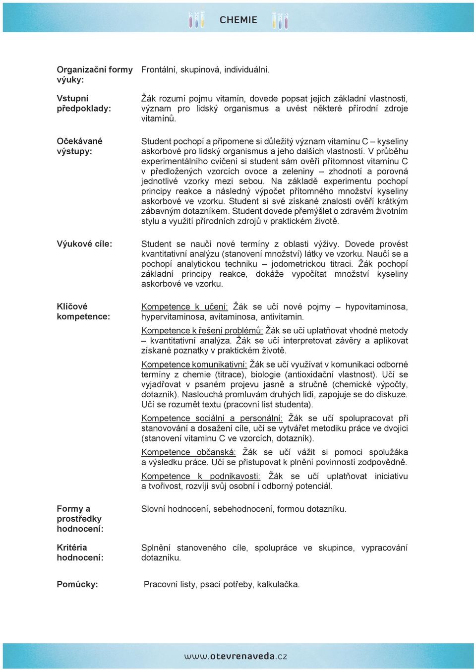 Očekávané výstupy: Student pochopí a připomene si důležitý význam vitamínu C kyseliny askorbové pro lidský organismus a jeho dalších vlastností.