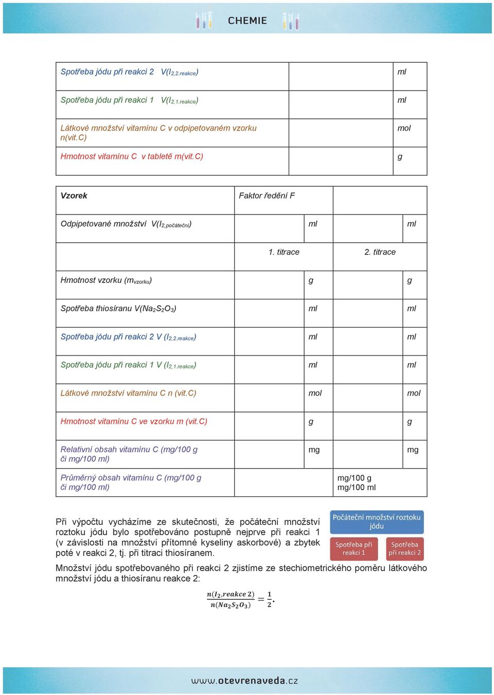 reakce) Spotřeba jódu při reakci 1 V (I2,1.reakce) Látkové množství vitamínu C n (vit.c) mol mol Hmotnost vitamínu C ve vzorku m (vit.