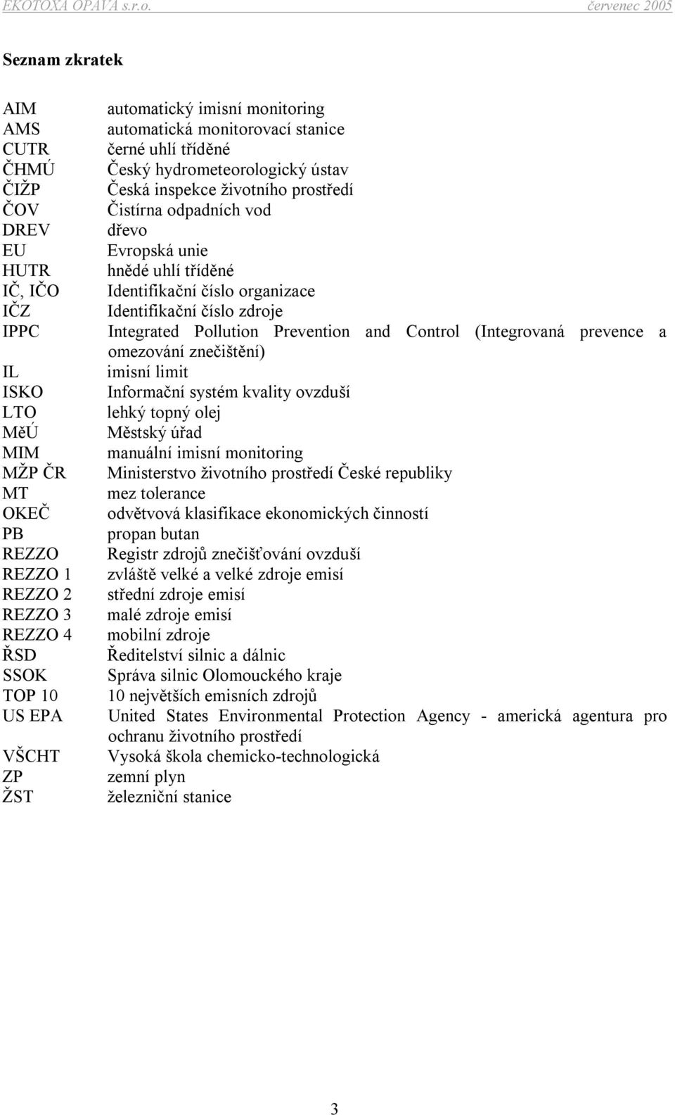Identifikační číslo organizace Identifikační číslo zdroje Integrated Pollution Prevention and Control (Integrovaná prevence a omezování znečištění) imisní limit Informační systém kvality ovzduší