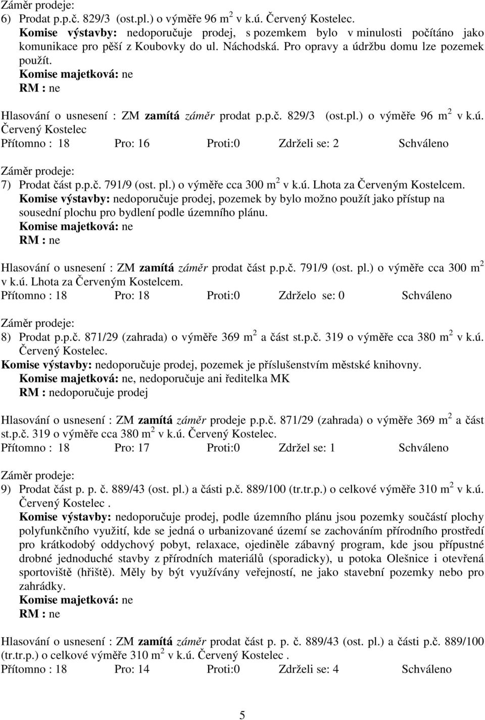 Komise majetková: ne RM : ne Hlasování o usnesení : ZM zamítá záměr prodat p.p.č. 829/3 (ost.pl.) o výměře 96 m 2 v k.ú.