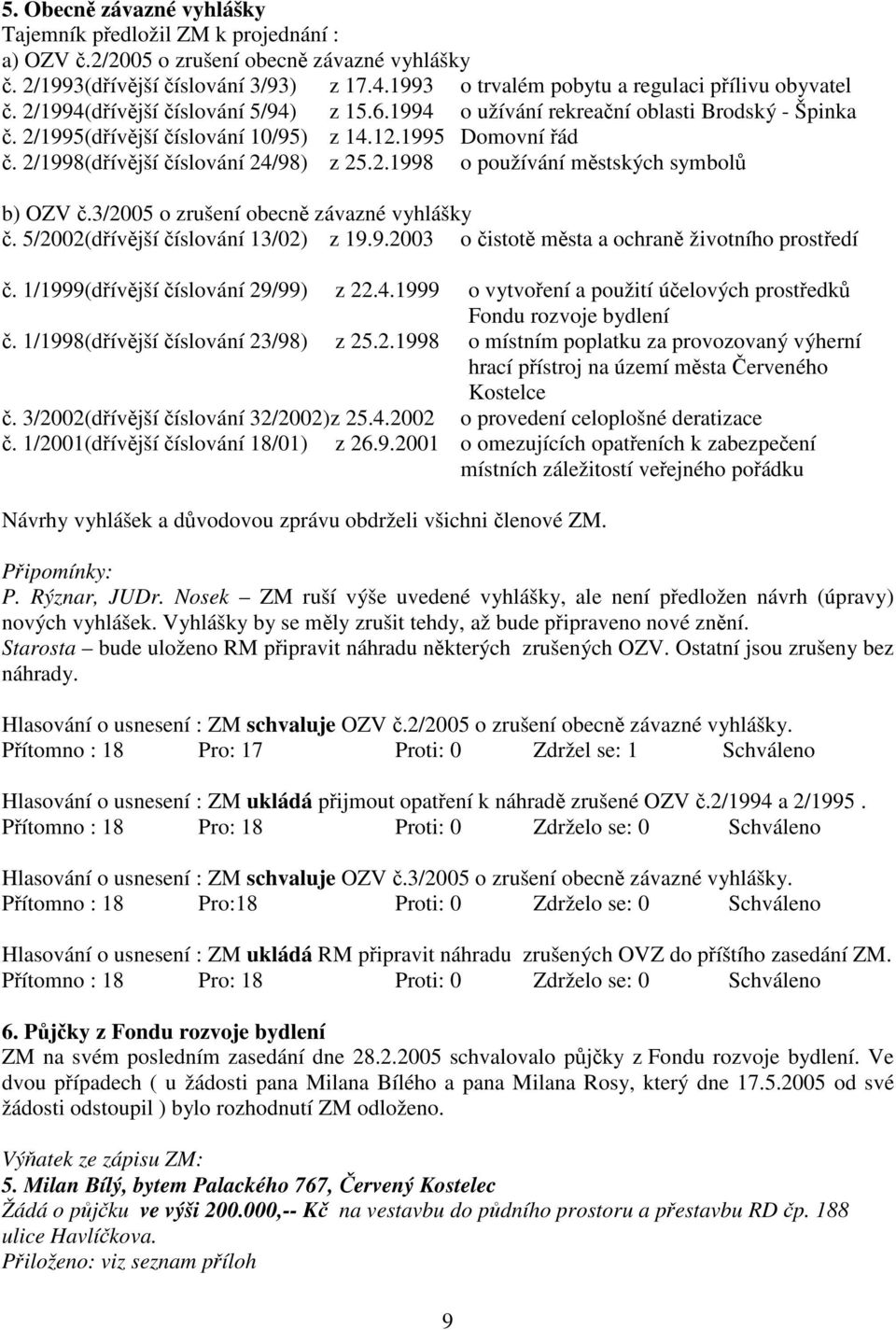 1995 Domovní řád č. 2/1998(dřívější číslování 24/98) z 25.2.1998 o používání městských symbolů b) OZV č.3/2005 o zrušení obecně závazné vyhlášky č. 5/2002(dřívější číslování 13/02) z 19.9.2003 o čistotě města a ochraně životního prostředí č.