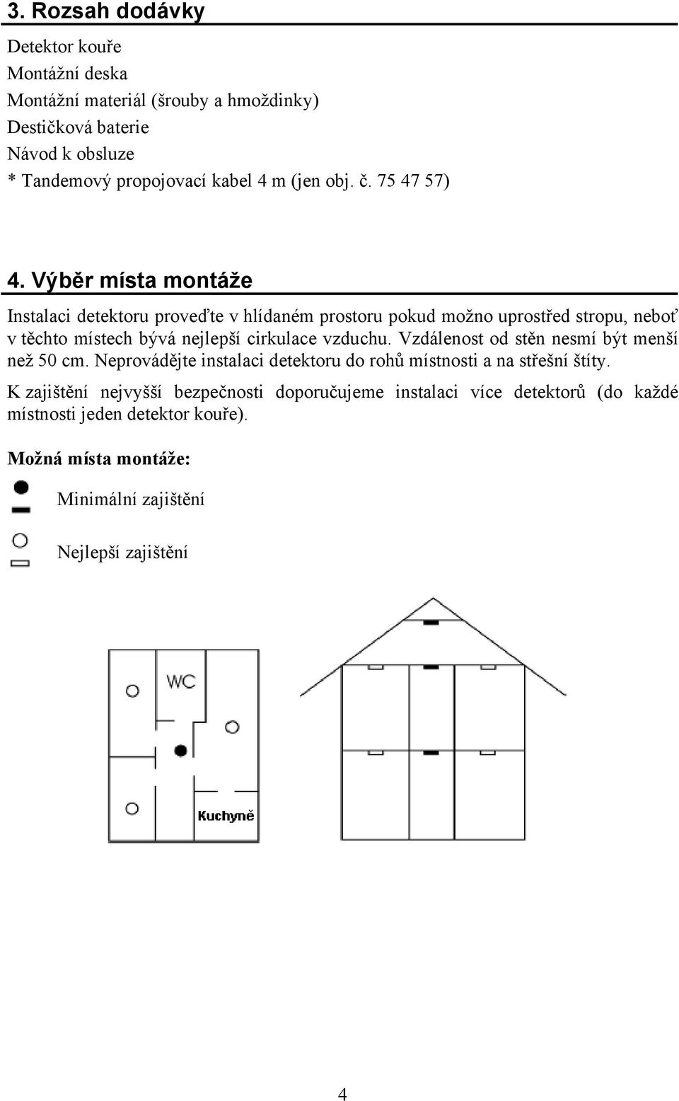 Výběr místa montáže Instalaci detektoru proveďte v hlídaném prostoru pokud možno uprostřed stropu, neboť v těchto místech bývá nejlepší cirkulace vzduchu.