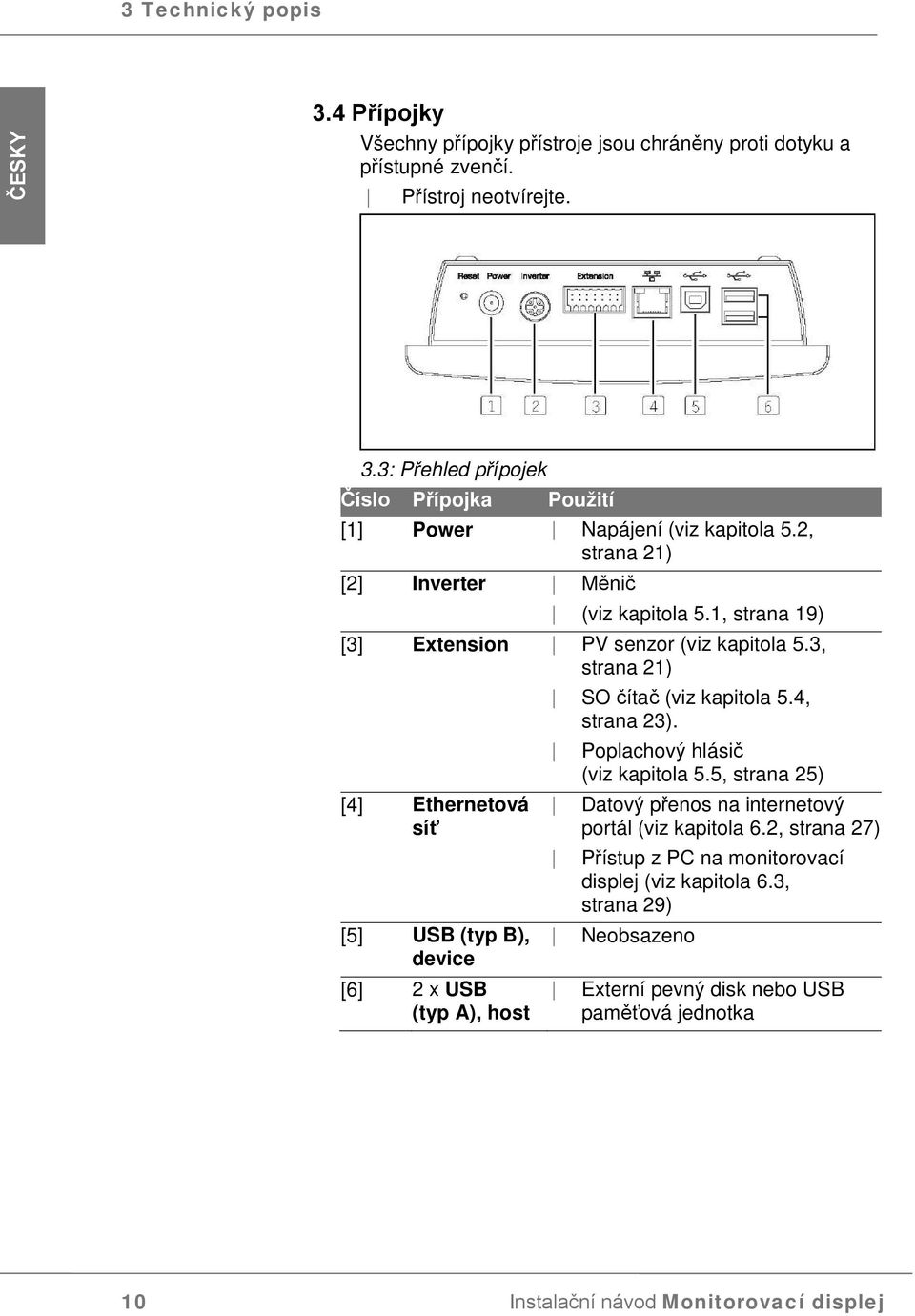 Poplachový hlásič (viz kapitola 5.5, strana 25) [4] Ethernetová síť [5] USB (typ B), device [6] 2 x USB (typ A), host Datový přenos na internetový portál (viz kapitola 6.