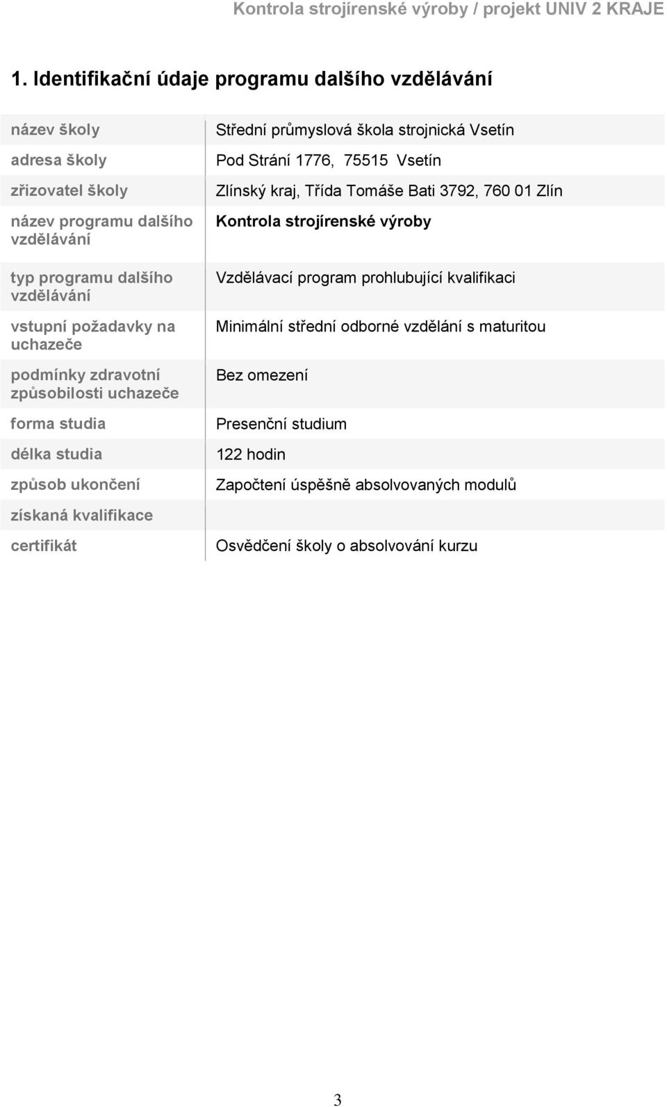 škola strojnická Vsetín Pod Strání 1776, 75515 Vsetín Zlínský kraj, Třída Tomáše Bati 3792, 760 01 Zlín Kontrola strojírenské výroby Vzdělávací program prohlubující