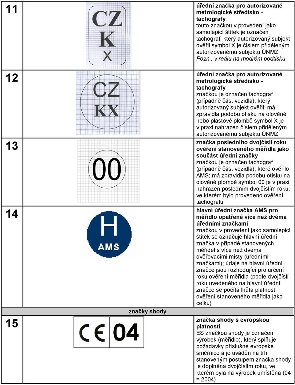 : v reálu na modrém podtisku úřední značka pro autorizované metrologické středisko - tachografy značkou je označen tachograf (případně část vozidla), který autorizovaný subjekt ověřil; má zpravidla