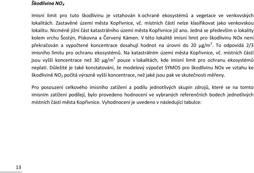 V této lokalitě imisní limit pro škodlivinu NOx není překračován a vypočtené koncentrace dosahují hodnot na úrovni do 20 µg/m 3. To odpovídá 2/3 imisního limitu pro ochranu ekosystémů.