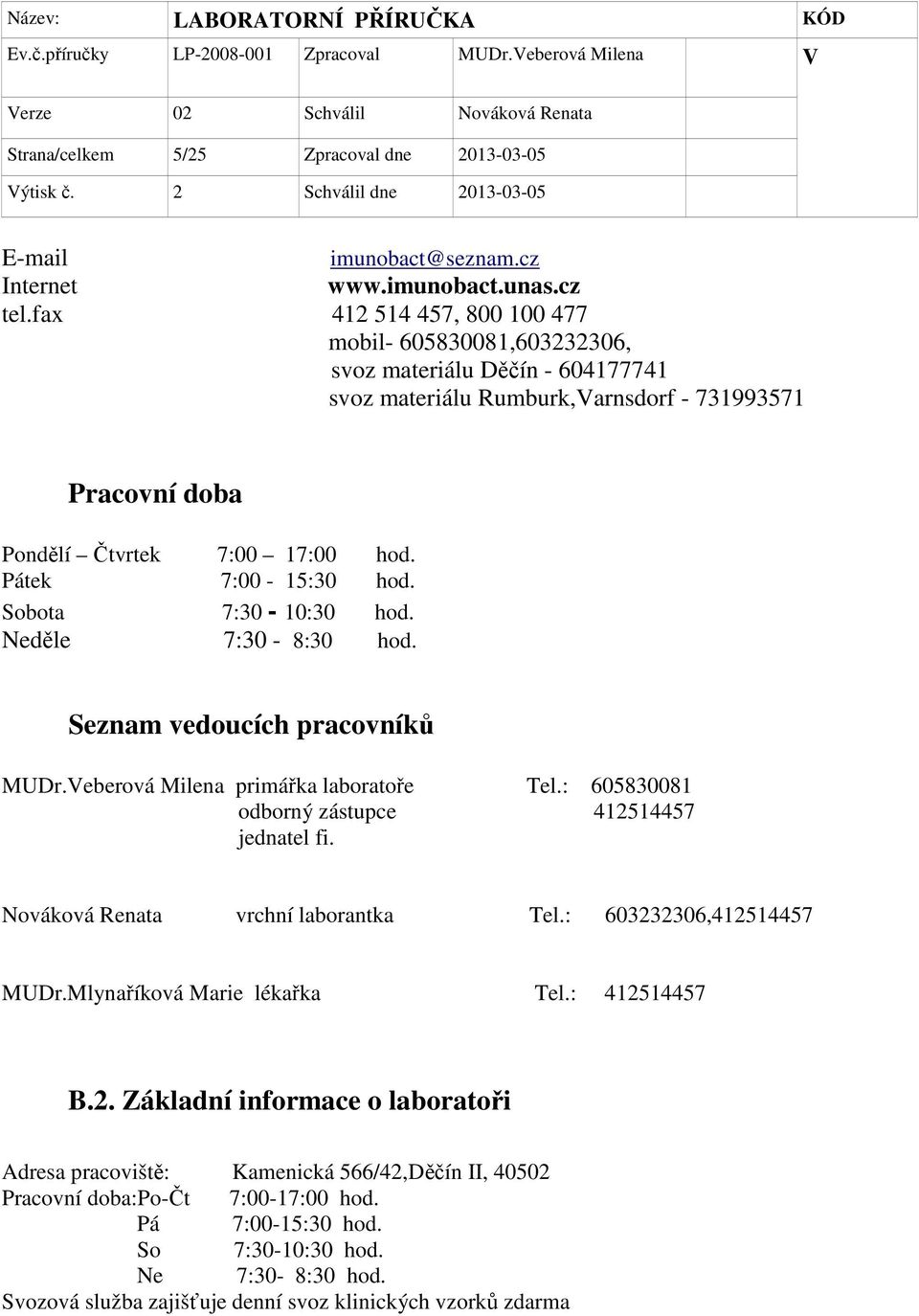 Pátek 7:00-15:30 hod. Sobota 7:30-10:30 hod. Neděle 7:30-8:30 hod. Seznam vedoucích pracovníků MUDr.Veberová Milena primářka laboratoře Tel.: 605830081 odborný zástupce 412514457 jednatel fi.