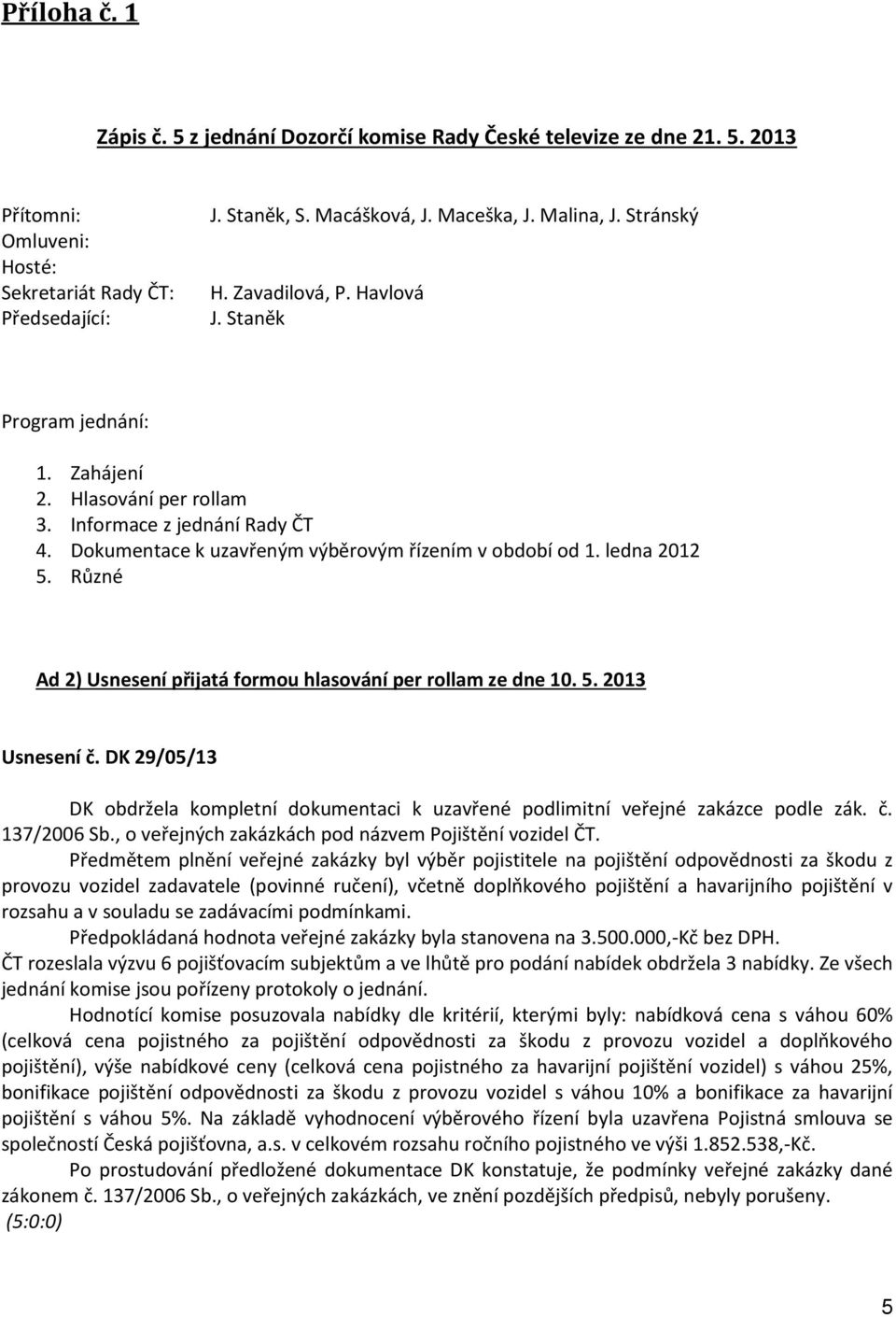 Různé Ad 2) Usnesení přijatá formou hlasování per rollam ze dne 10. 5. 2013 Usnesení č. DK 29/05/13 DK obdržela kompletní dokumentaci k uzavřené podlimitní veřejné zakázce podle zák. č. 137/2006 Sb.