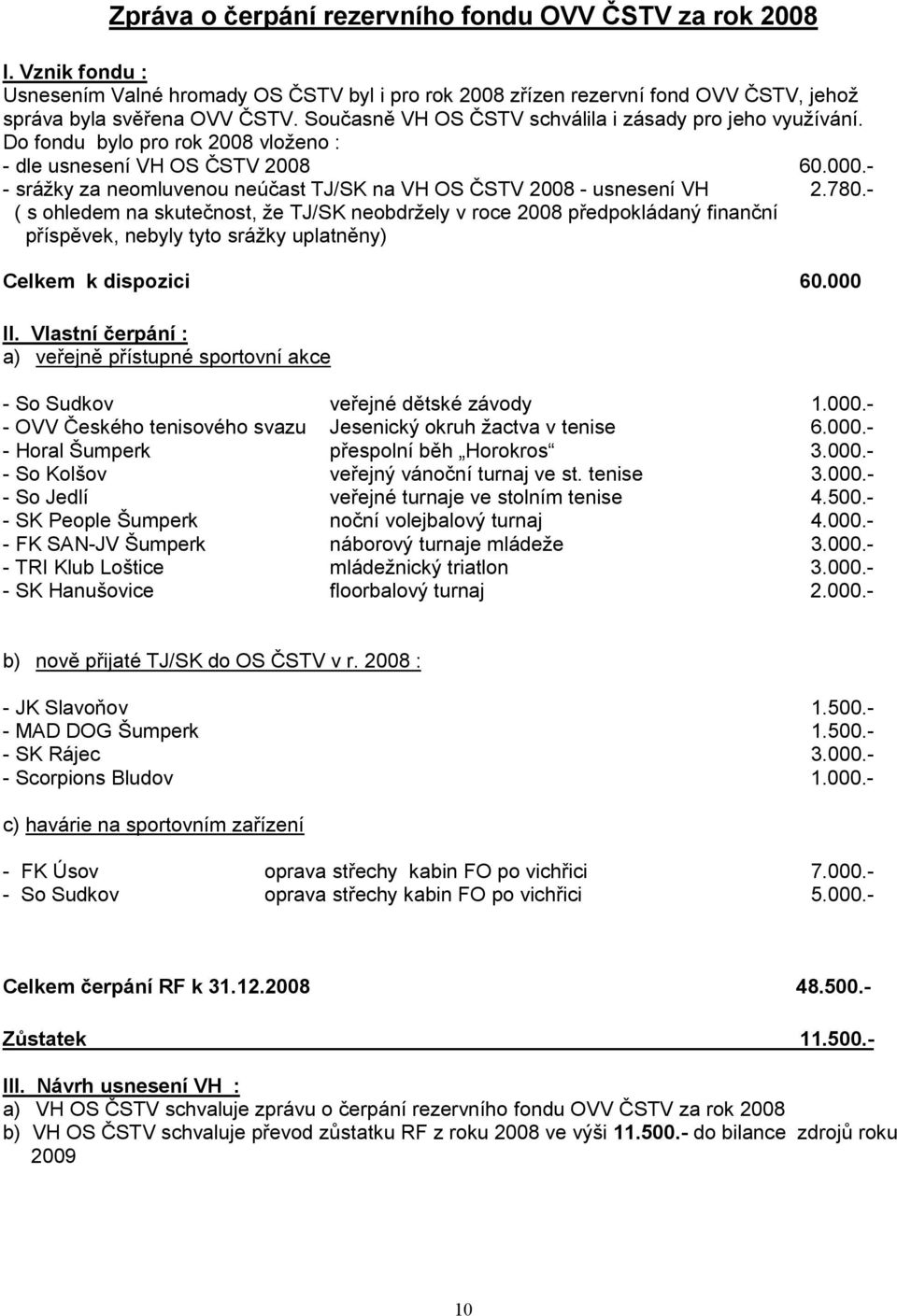 - - srážky za neomluvenou neúčast TJ/SK na VH OS ČSTV 2008 - usnesení VH 2.780.