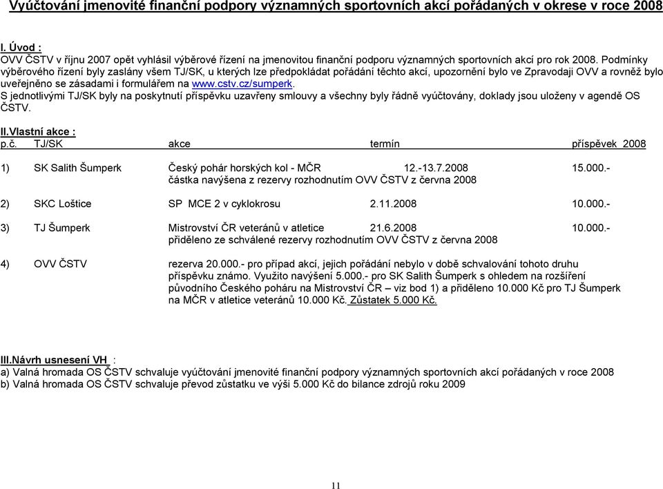 Podmínky výběrového řízení byly zaslány všem TJ/SK, u kterých lze předpokládat pořádání těchto akcí, upozornění bylo ve Zpravodaji OVV a rovněž bylo uveřejněno se zásadami i formulářem na www.cstv.