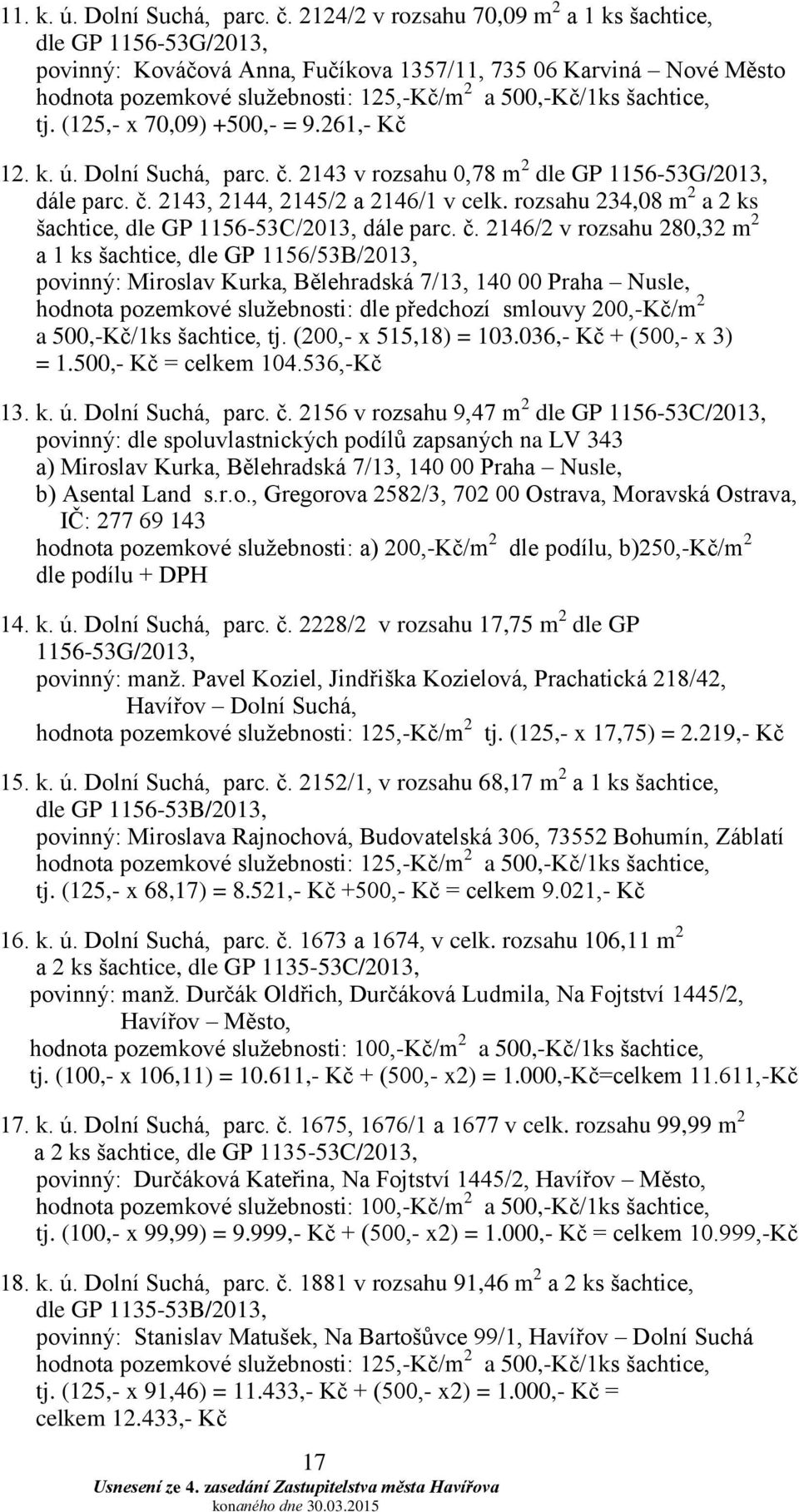 šachtice, tj. (125,- x 70,09) +500,- = 9.261,- Kč 12. k. ú. Dolní Suchá, parc. č. 2143 v rozsahu 0,78 m 2 dle GP 1156-53G/2013, dále parc. č. 2143, 2144, 2145/2 a 2146/1 v celk.