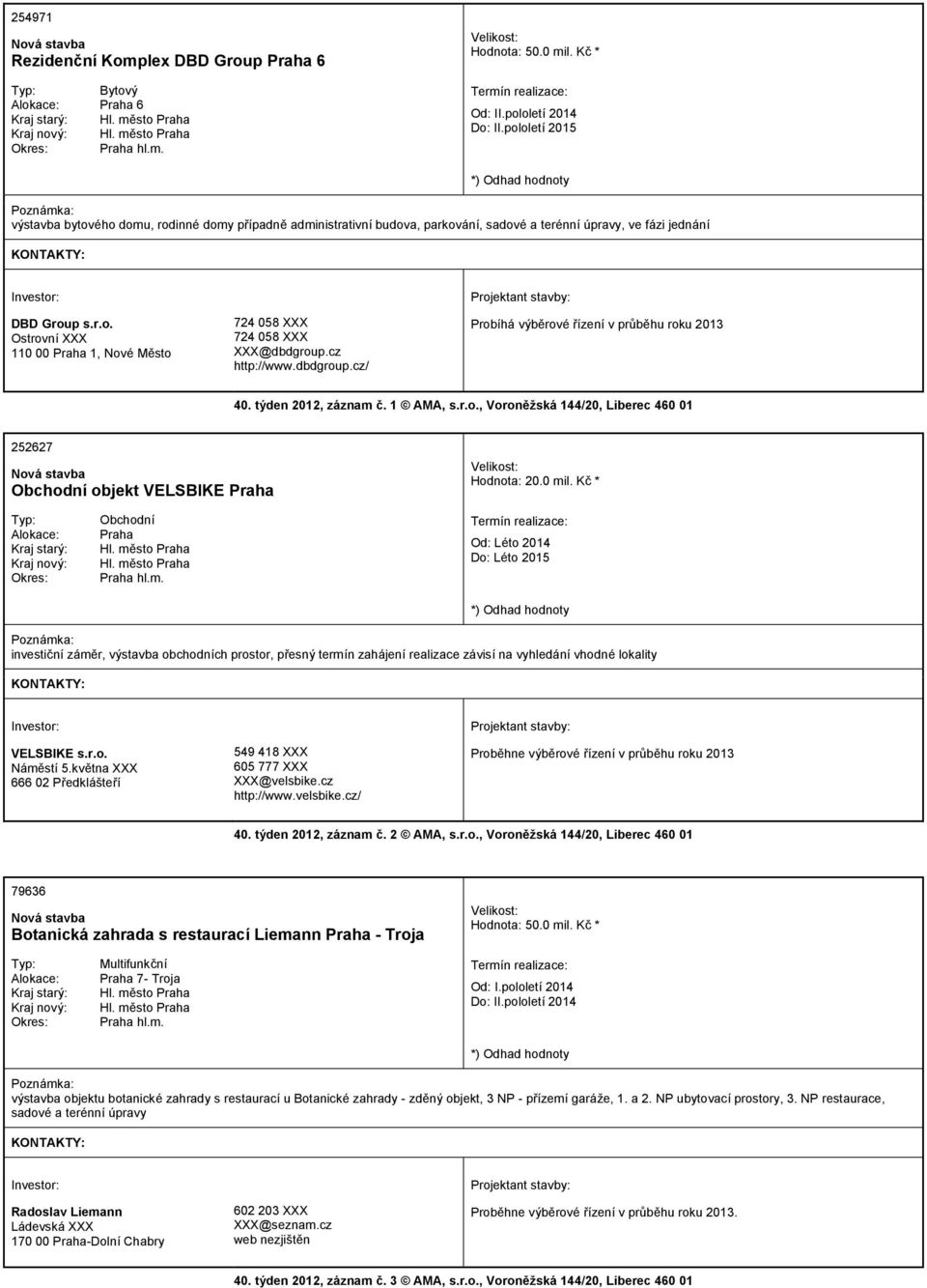 cz http://www.dbdgroup.cz/ Probíhá výběrové řízení v průběhu roku 2013 40. týden 2012, záznam č. 1 AMA, s.r.o., Voroněžská 144/20, Liberec 460 01 252627 Obchodní objekt VELSBIKE Praha Hodnota: 20.
