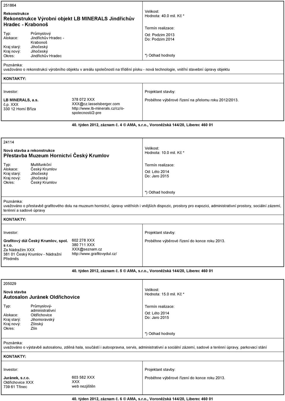 40. týden 2012, záznam č. 4 AMA, s.r.o., Voroněžská 144/20, Liberec 460 01 24114 a rekonstrukce Přestavba Muzeum Hornictví Český Krumlov Hodnota: 10.0 mil.