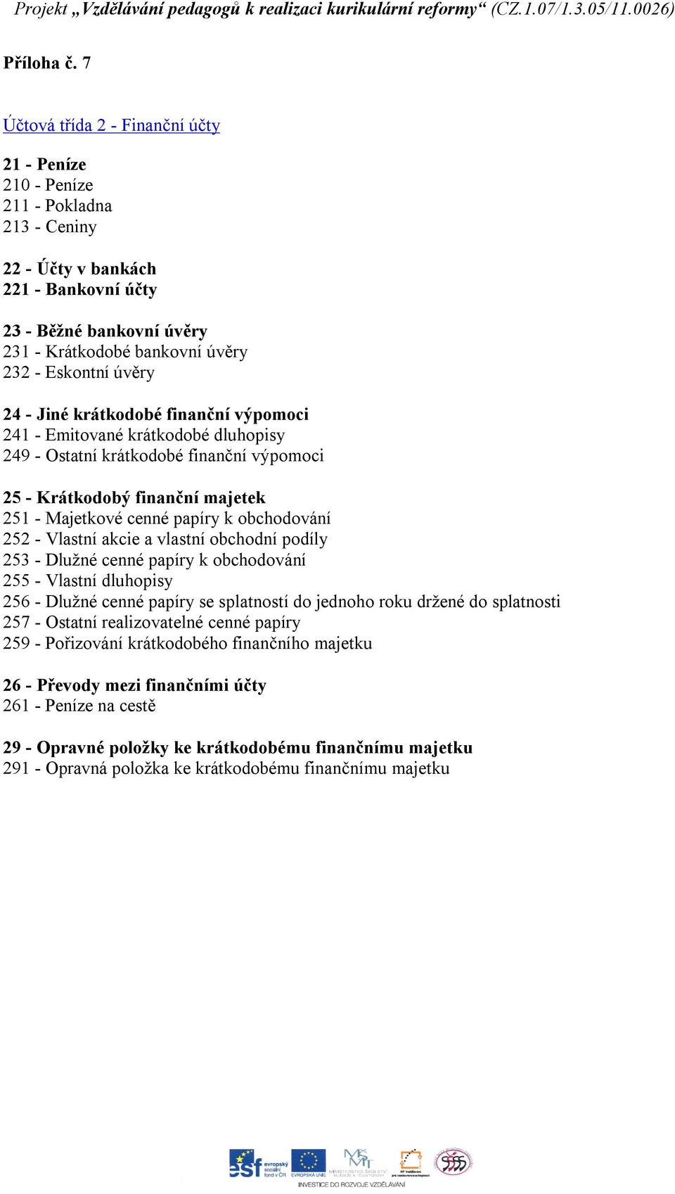 úvěry 24 - Jiné krátkodobé finanční výpomoci 241 - Emitované krátkodobé dluhopisy 249 - Ostatní krátkodobé finanční výpomoci 25 - Krátkodobý finanční majetek 251 - Majetkové cenné papíry k