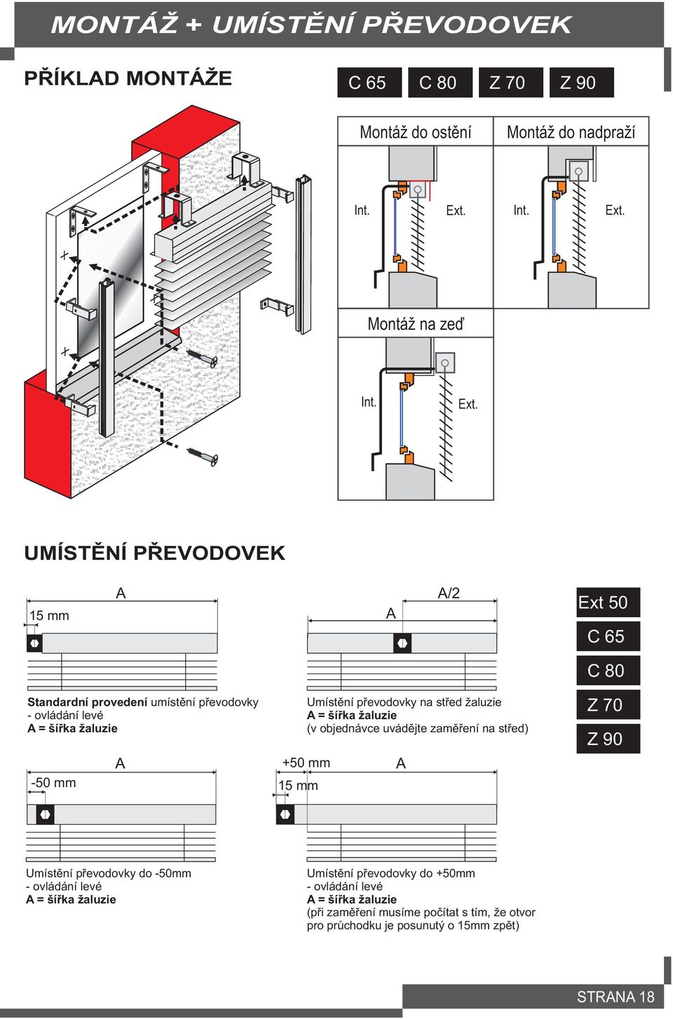 Montáž na zeï  UMÍSTÌNÍ PØEVODOVEK 1 mm A A A/ Et 0 Standardní provedení umístìní pøevodovky - ovládání levé A = šíøka žaluzie -0 mm A