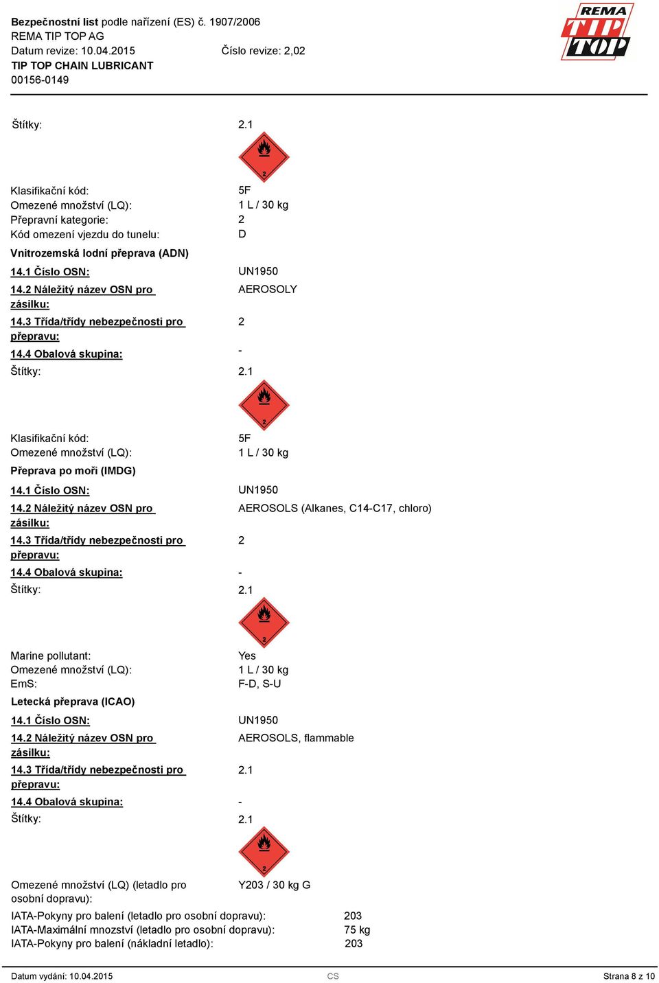 1 AEROSOLY Klasifikační kód: Omezené množství (LQ): Přeprava po moři (IMDG) 5F 1 L / 30 kg 14.1 Číslo OSN: UN1950 14.2 Náležitý název OSN pro zásilku: 14.3 Třída/třídy nebezpečnosti pro přepravu: 14.