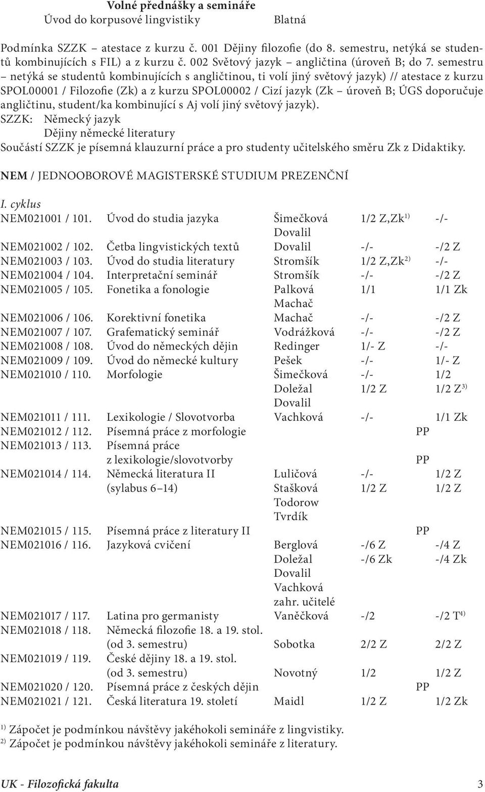 semestru netýká se studentů kombinujících s angličtinou, ti volí jiný světový jazyk) // atestace z kurzu SPOL00001 / Filozofie (Zk) a z kurzu SPOL00002 / Cizí jazyk (Zk úroveň B; ÚGS doporučuje