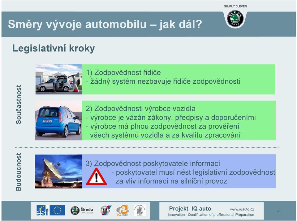 zodpovědnost za prověření všech systémů vozidla a za kvalitu zpracování Budoucnost 3) Zodpovědnost