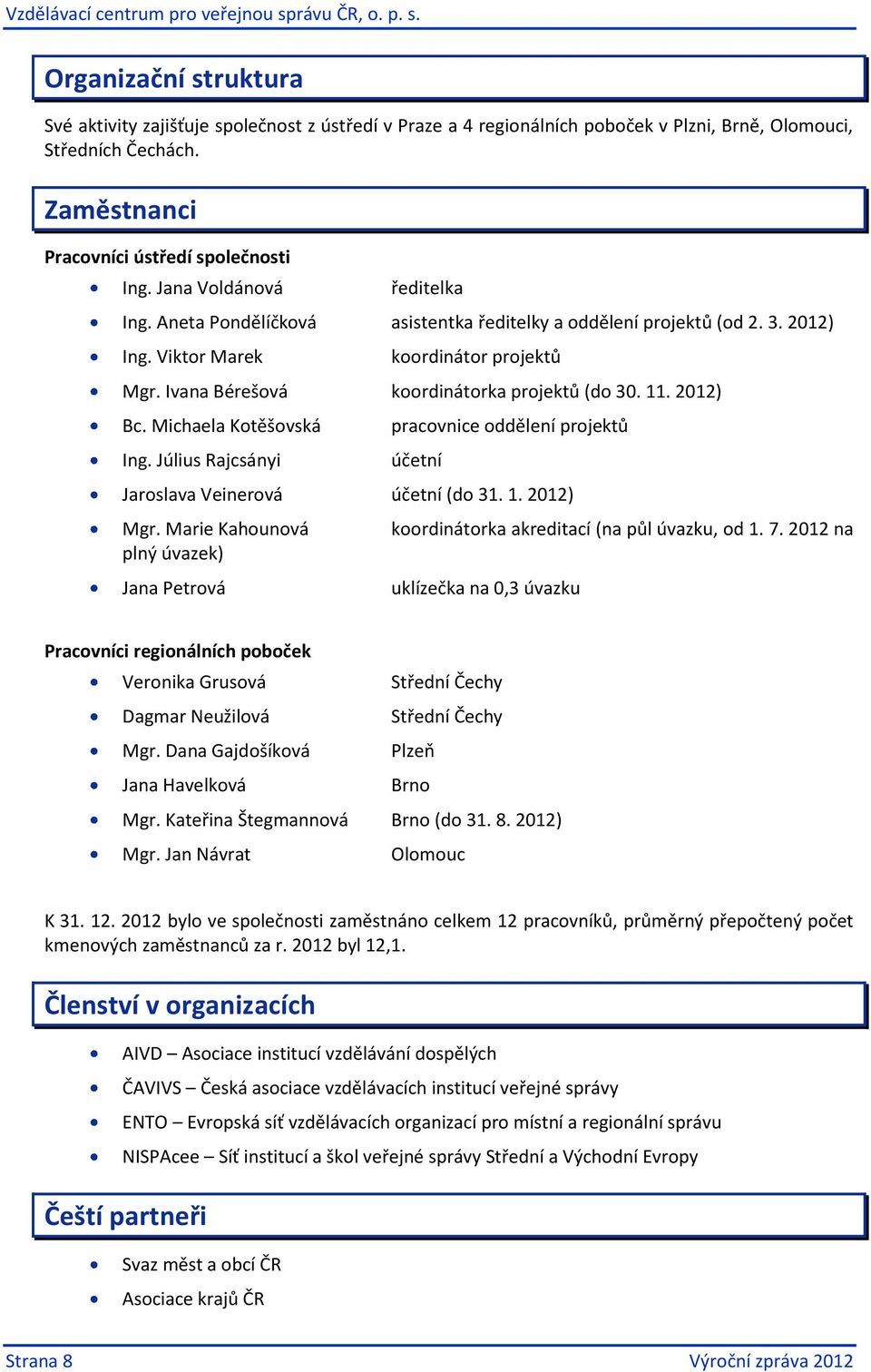 2012) Bc. Michaela Kotěšovská Ing. Július Rajcsányi pracovnice oddělení projektů účetní Jaroslava Veinerová účetní (do 31. 1. 2012) Mgr.