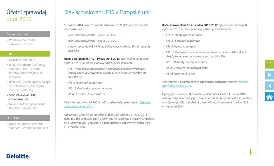 2014 Rada IASB dokončila úpravy standardu IAS 1 v rámci Inciativy pro zveřejňování informací Rada IASB vydala úpravy týkající se uplatňování výjimek pro investiční jednotky Stav schvalování IFRS v