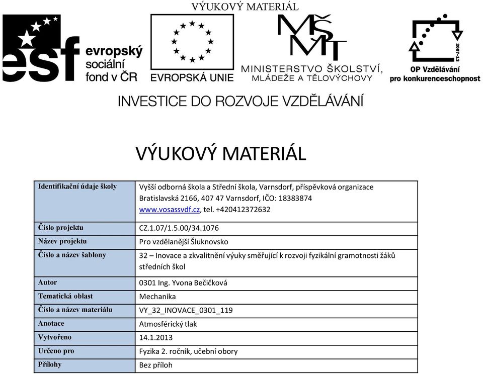 1076 Pro vzdělanější Šluknovsko 32 Inovace a zkvalitnění výuky směřující k rozvoji fyzikální gramotnosti žáků středních škol Autor 0301 Ing.