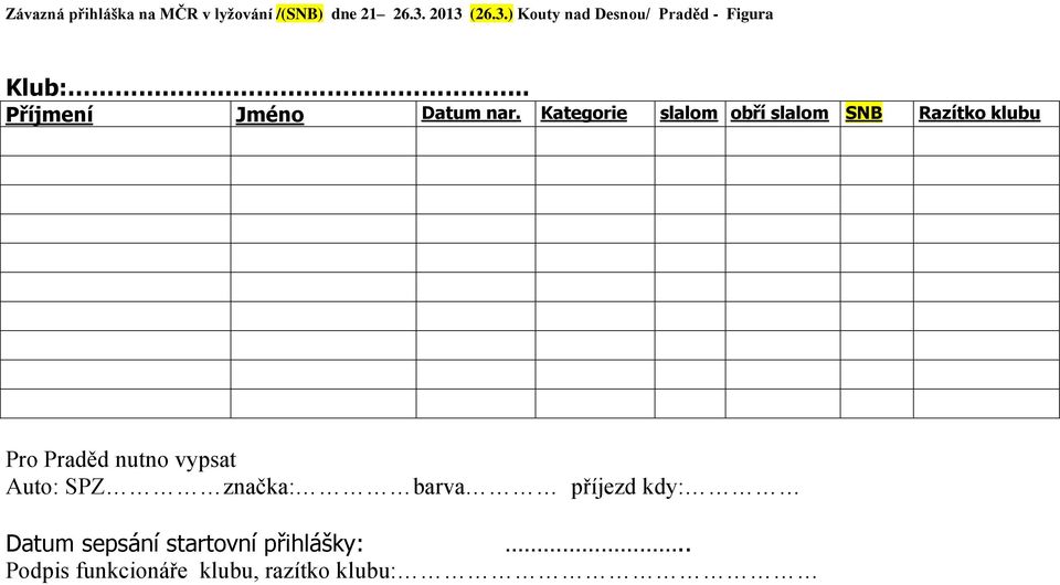 Kategorie slalom obří slalom SNB Razítko klubu Pro Praděd nutno vypsat Auto: SPZ