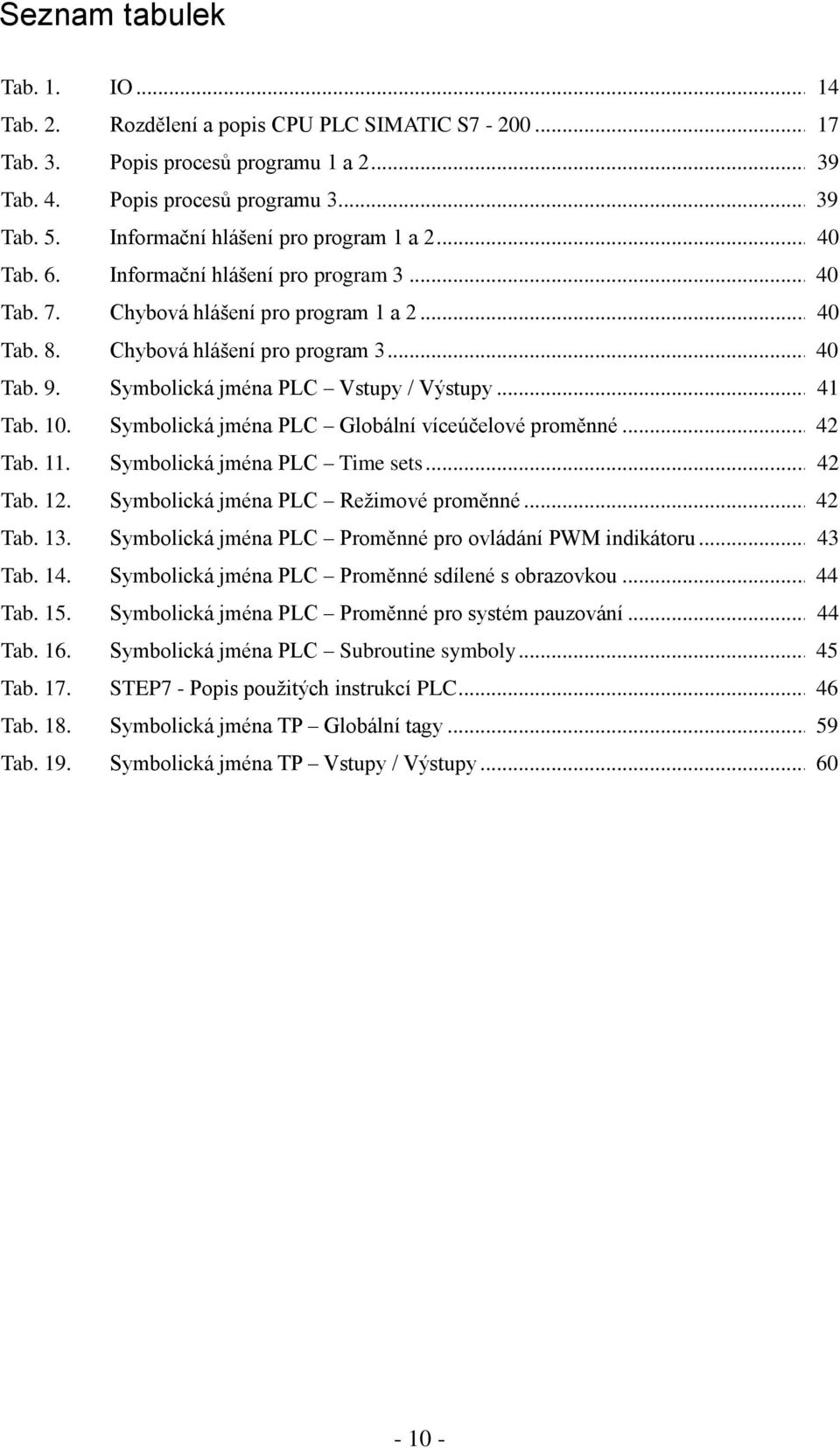 Symbolická jména PLC Vstupy / Výstupy... 41 Tab. 10. Symbolická jména PLC Globální víceúčelové proměnné... 42 Tab. 11. Symbolická jména PLC Time sets... 42 Tab. 12.