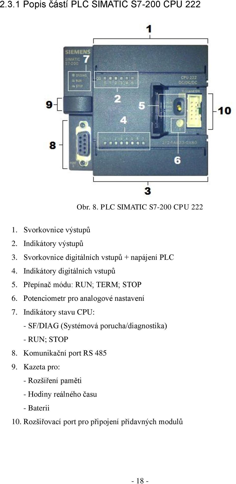 Potenciometr pro analogové nastavení 7. Indikátory stavu CPU: - SF/DIAG (Systémová porucha/diagnostika) - RUN; STOP 8.