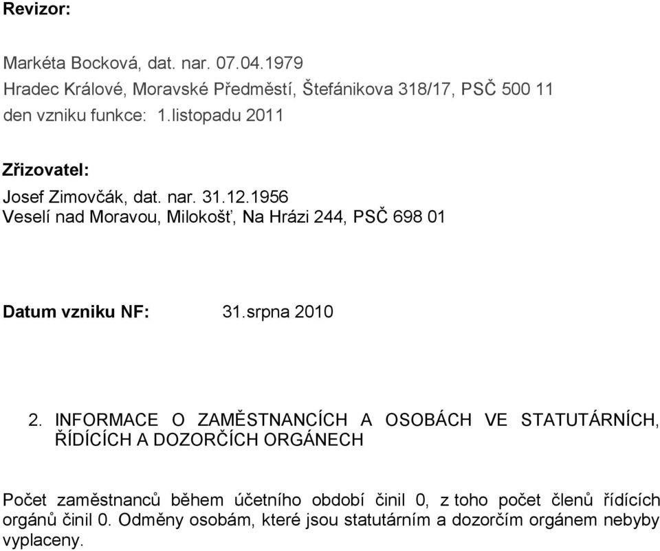 1956 Veselí nad Moravou, Milokošť, Na Hrázi 244, PSČ 698 01 Datum vzniku NF: 31.srpna 2010 2.