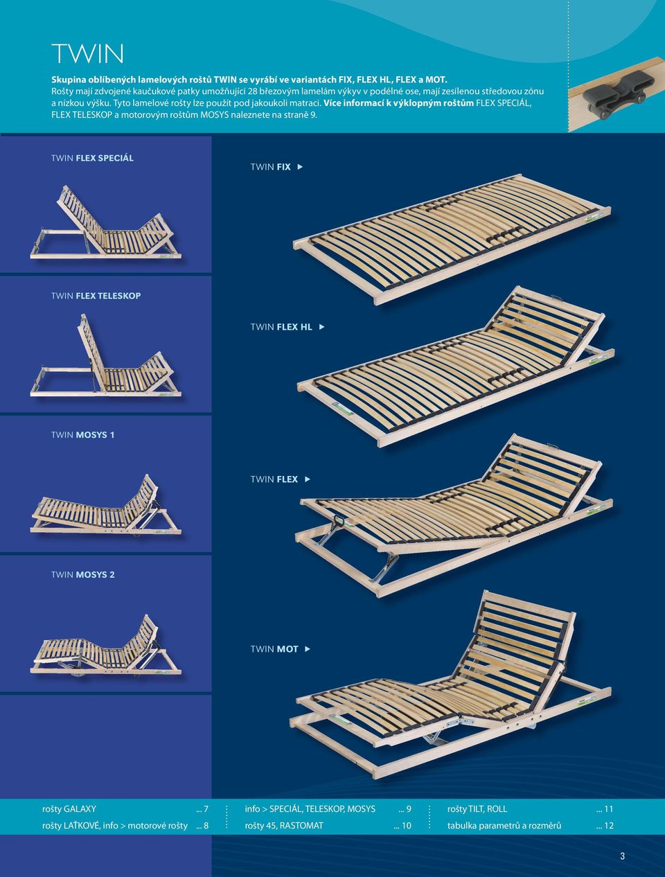 Tyto lamelové rošty lze použít pod jakoukoli matraci. Více informací k výklopným roštům FLEX SPECIÁL, FLEX TELESKOP a motorovým roštům MOSYS naleznete na straně 9.