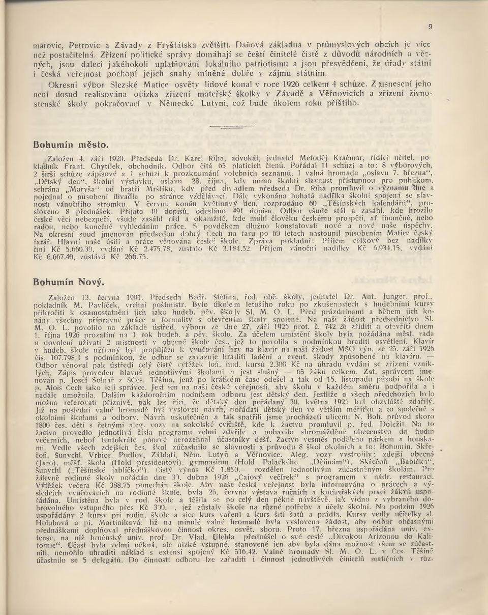 pochopí jejich snahy míněné dobře v zájmu státním. Okresní výbor Slezské Matice osvěty lidové konal v roce 1926 celkem14 schůze.