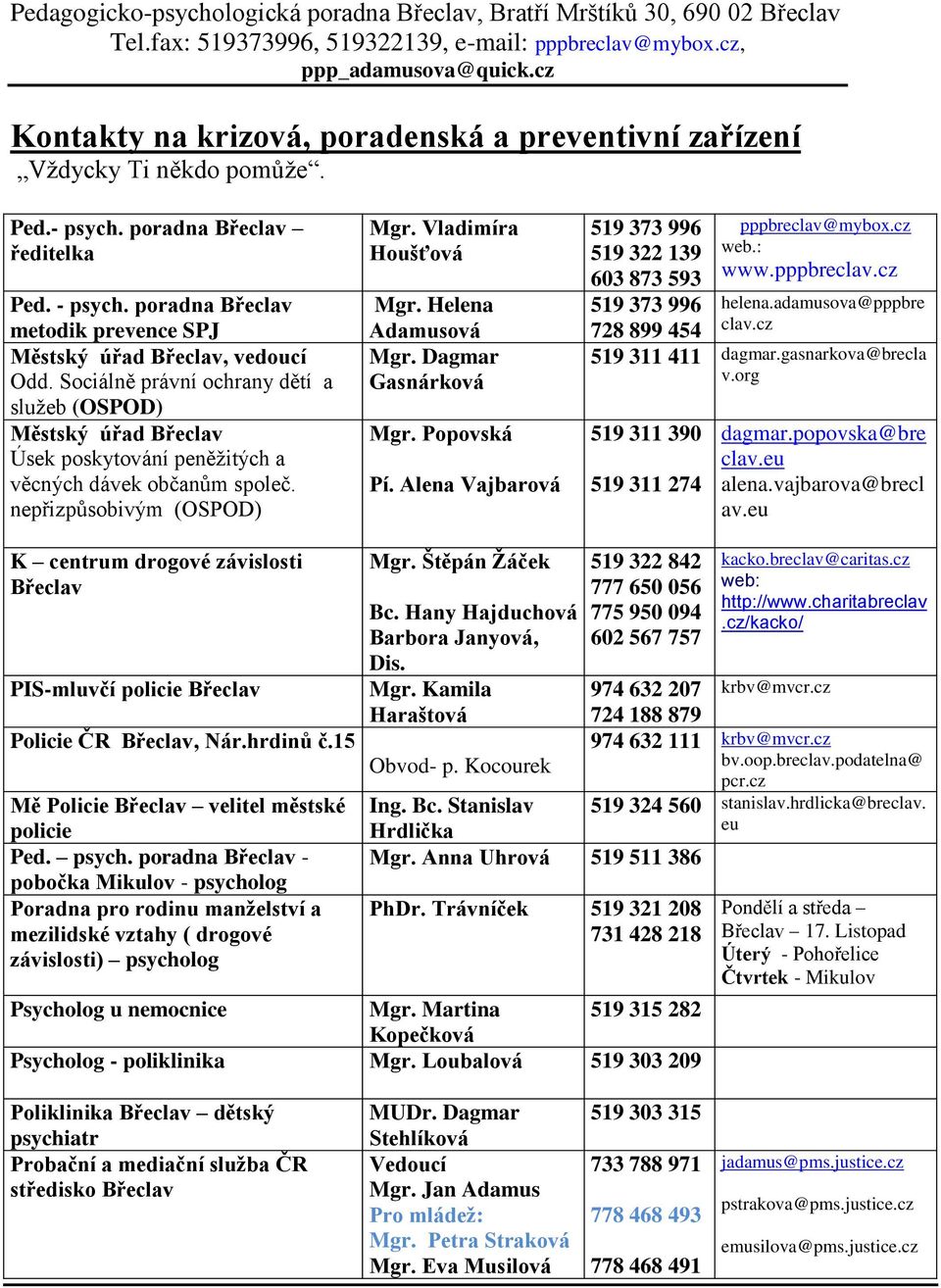 poradna Břeclav metodik prevence SPJ Městský úřad Břeclav, vedoucí Odd. Sociálně právní ochrany dětí a služeb (OSPOD) Městský úřad Břeclav Úsek poskytování peněžitých a věcných dávek občanům společ.