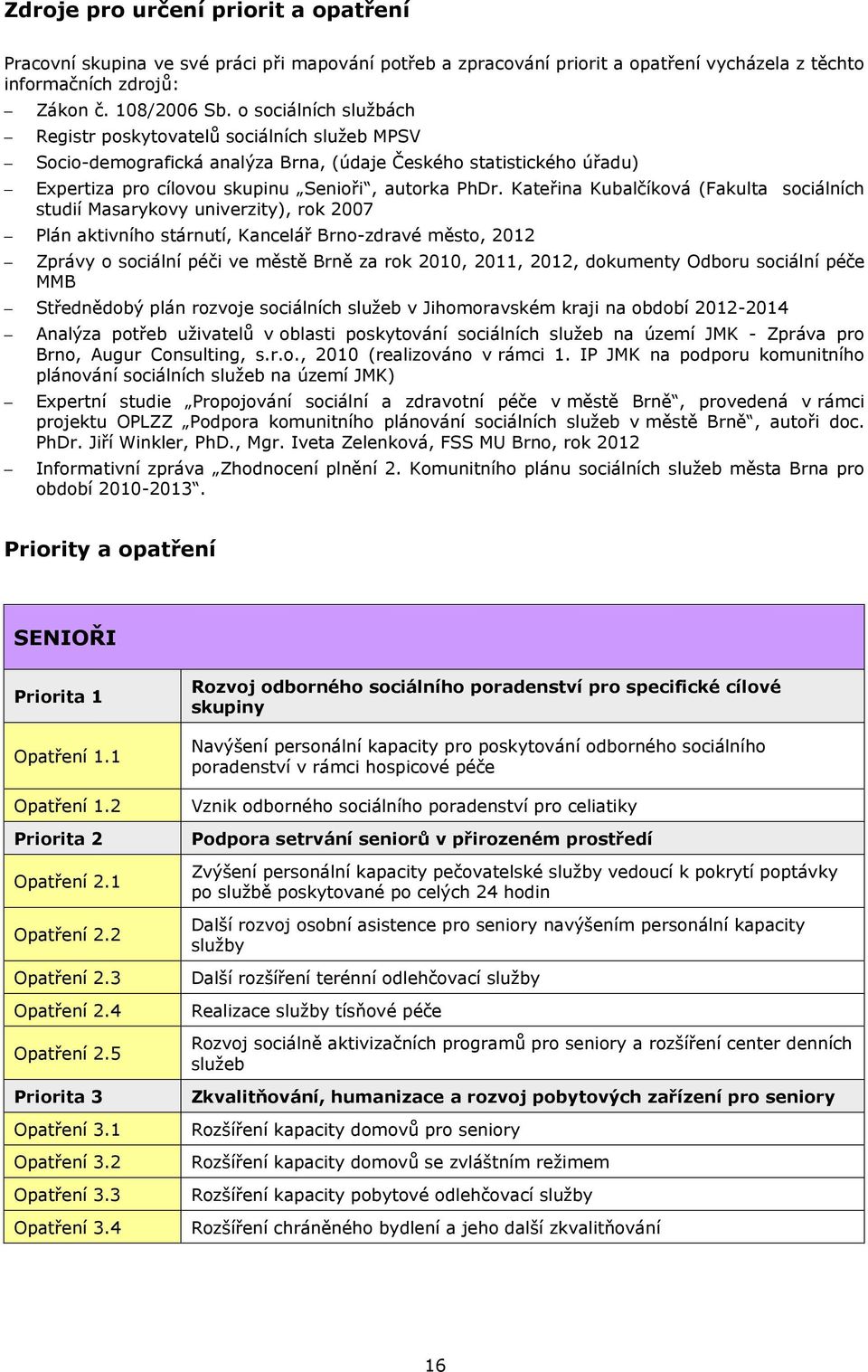Kateřina Kubalčíková (Fakulta sociálních studií Masarykovy univerzity), rok 2007 Plán aktivního stárnutí, Kancelář Brno-zdravé město, Zprávy o sociální péči ve městě Brně za rok 2010, 2011,,