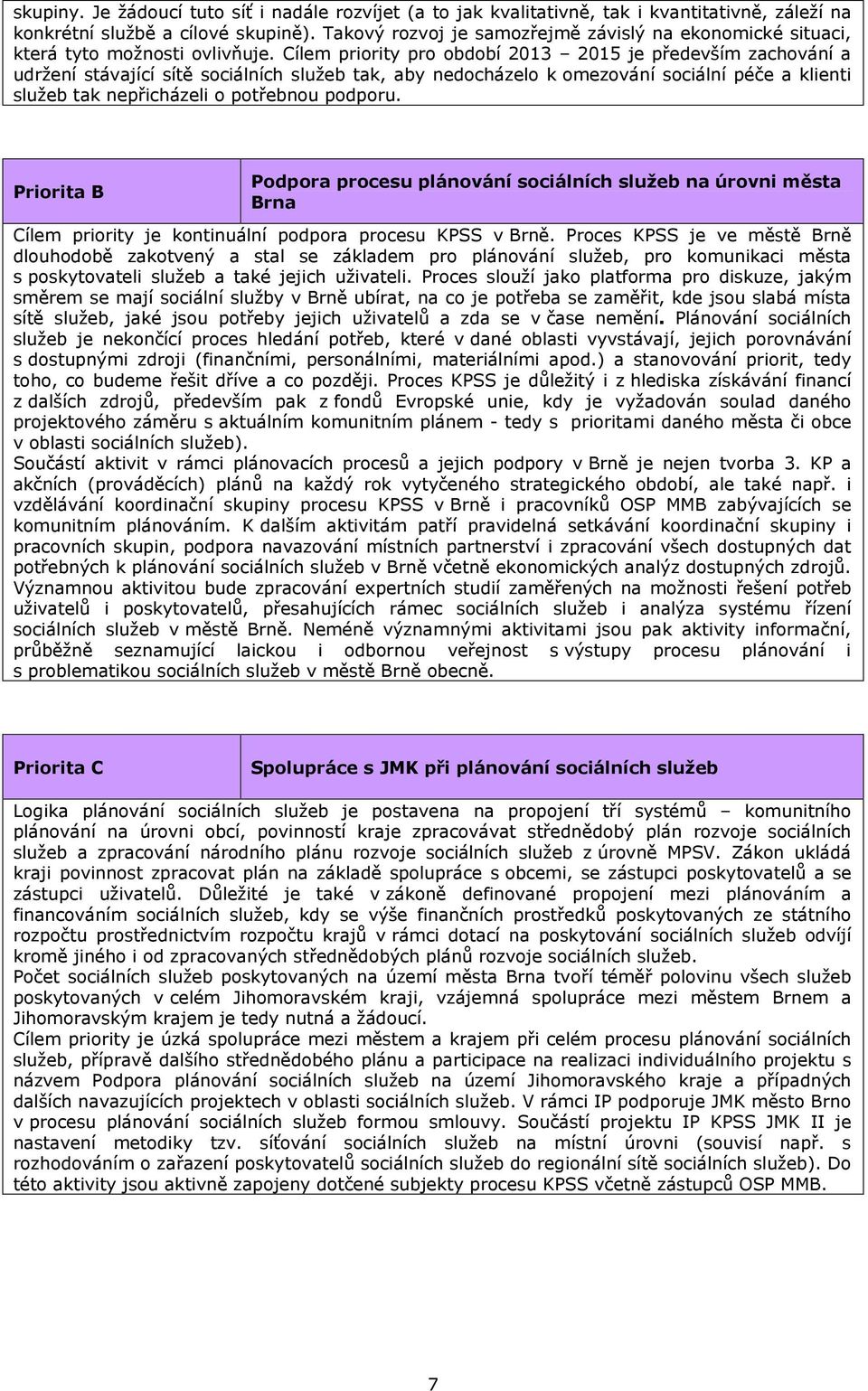 Cílem priority pro období 2013 2015 je především zachování a udržení stávající sítě sociálních služeb tak, aby nedocházelo k omezování sociální péče a klienti služeb tak nepřicházeli o potřebnou