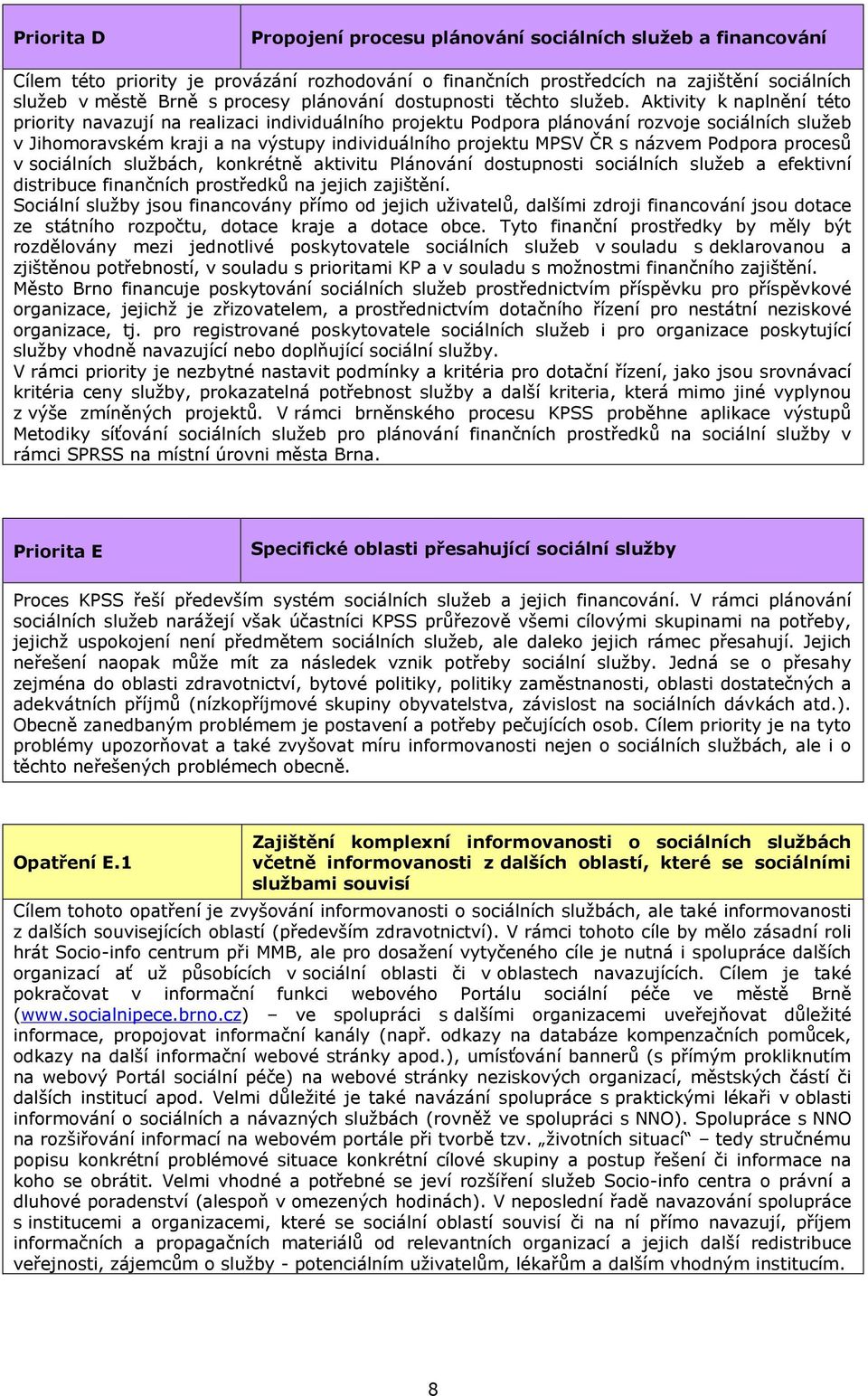 Aktivity k naplnění této priority navazují na realizaci individuálního projektu Podpora plánování rozvoje sociálních služeb v Jihomoravském kraji a na výstupy individuálního projektu MPSV ČR s názvem