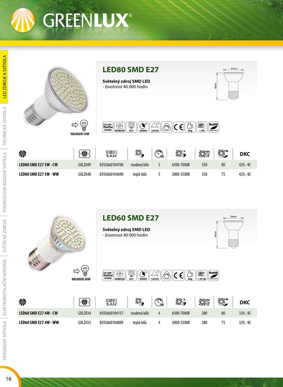 SMD E27 5W - WW GXLZ048 8592660104690 teplá bílá 5 3000-3500K 350 75 429,- Kč LED60 SMD E27 Světelný zdroj SMD LED - životnost 40 000 hodin 50/60Hz 60 SMD LED E27 40000 120/LED 60g