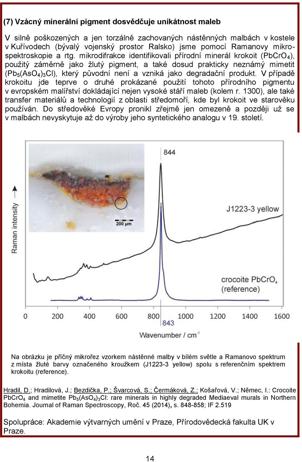 mikrodifrakce identifikovali přírodní minerál krokoit (PbCrO 4 ), použitý záměrně jako žlutý pigment, a také dosud prakticky neznámý mimetit (Pb 5 (AsO 4 ) 3 Cl), který původní není a vzniká jako