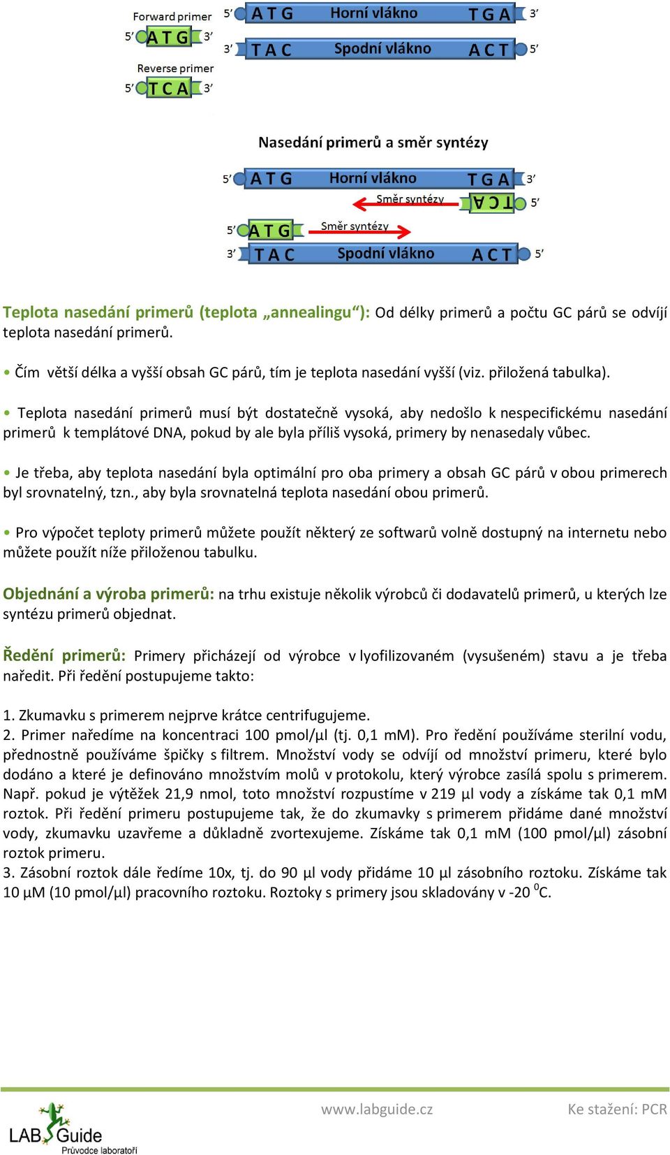 Je třeba, aby teplota nasedání byla optimální pro oba primery a obsah GC párů v obou primerech byl srovnatelný, tzn., aby byla srovnatelná teplota nasedání obou primerů.