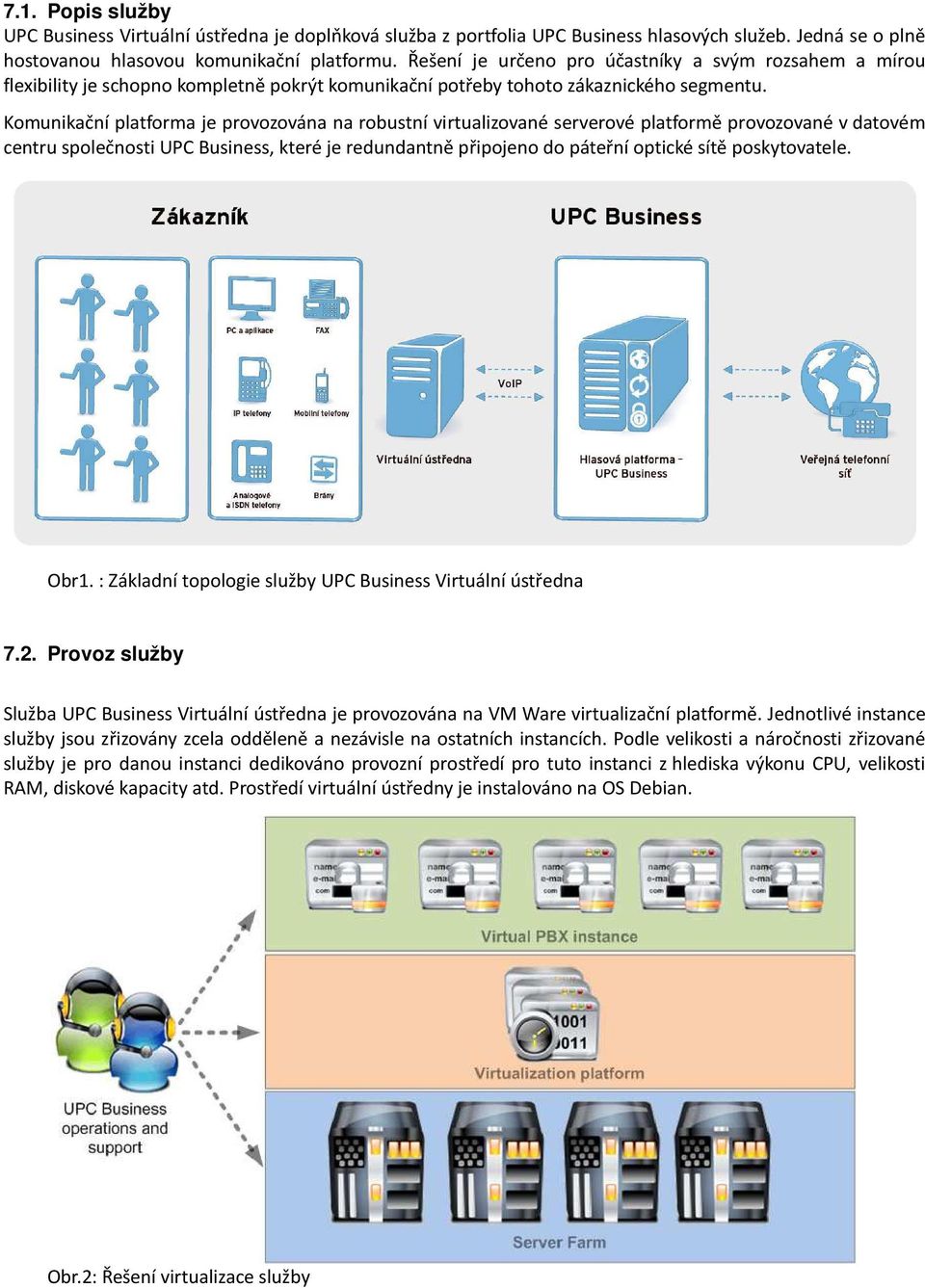 Komunikační platforma je provozována na robustní virtualizované serverové platformě provozované v datovém centru společnosti UPC Business, které je redundantně připojeno do páteřní optické sítě