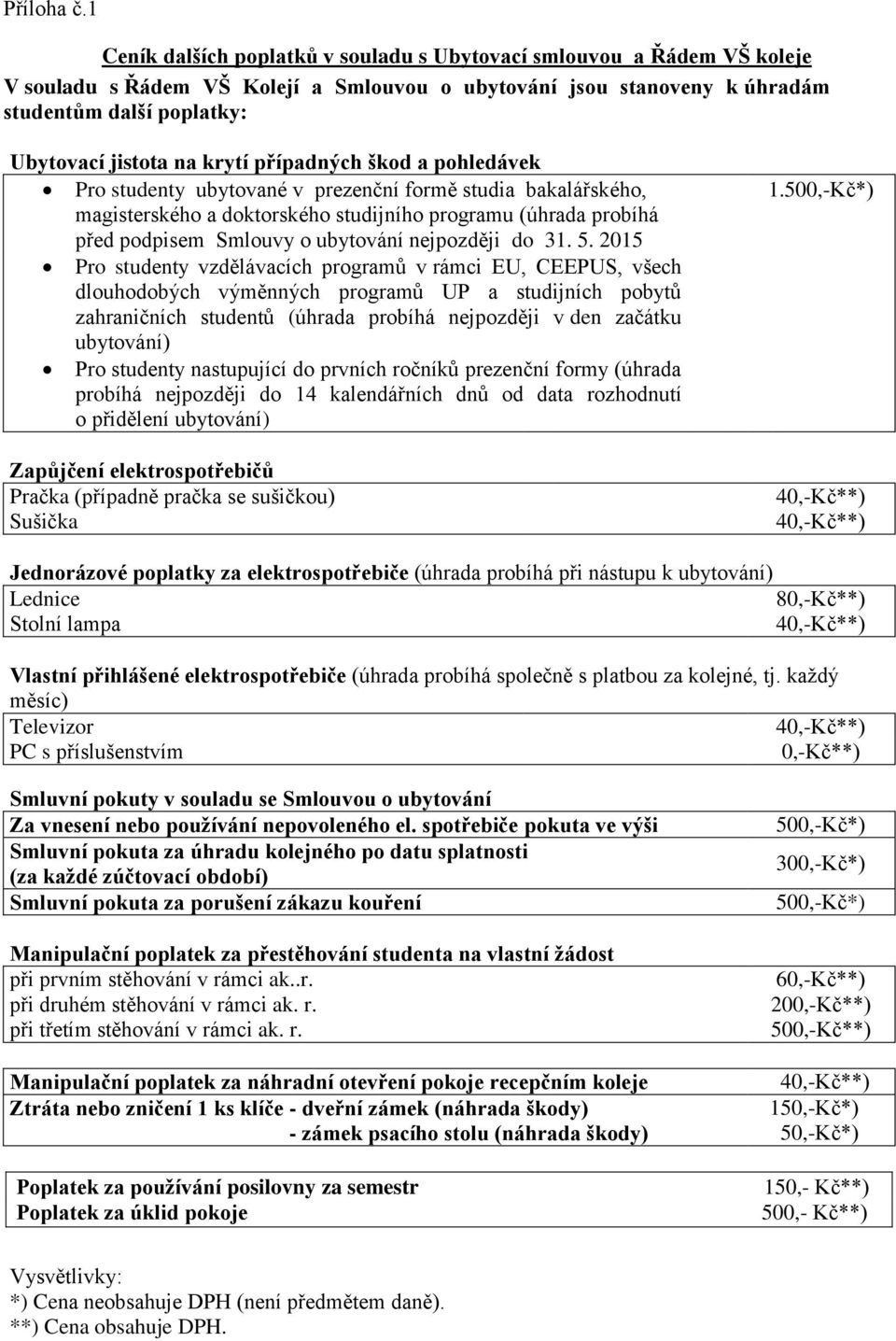 krytí případných škod a pohledávek Pro studenty ubytované v prezenční formě studia bakalářského, 1.