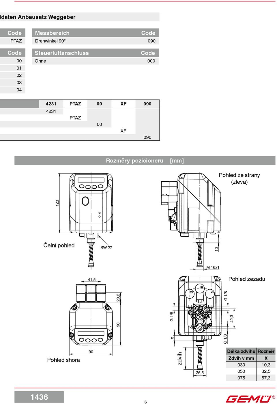 Pohled ze strany (zleva) 123 Čelní pohled SW 27 10 M 16x1 41,5 Pohled zezadu X2 20,2 X1 X3 G 1/8 90