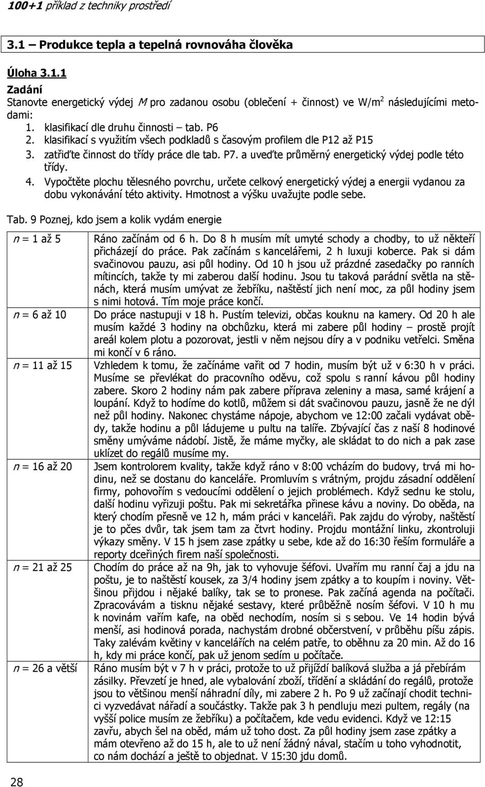 Vypočtěte plochu tělesného povrchu, určete celkový energetický výdej a energii vydanou za dobu vykonávání této aktivity. Hmotnost a výšku uvažujte podle sebe. Tab.