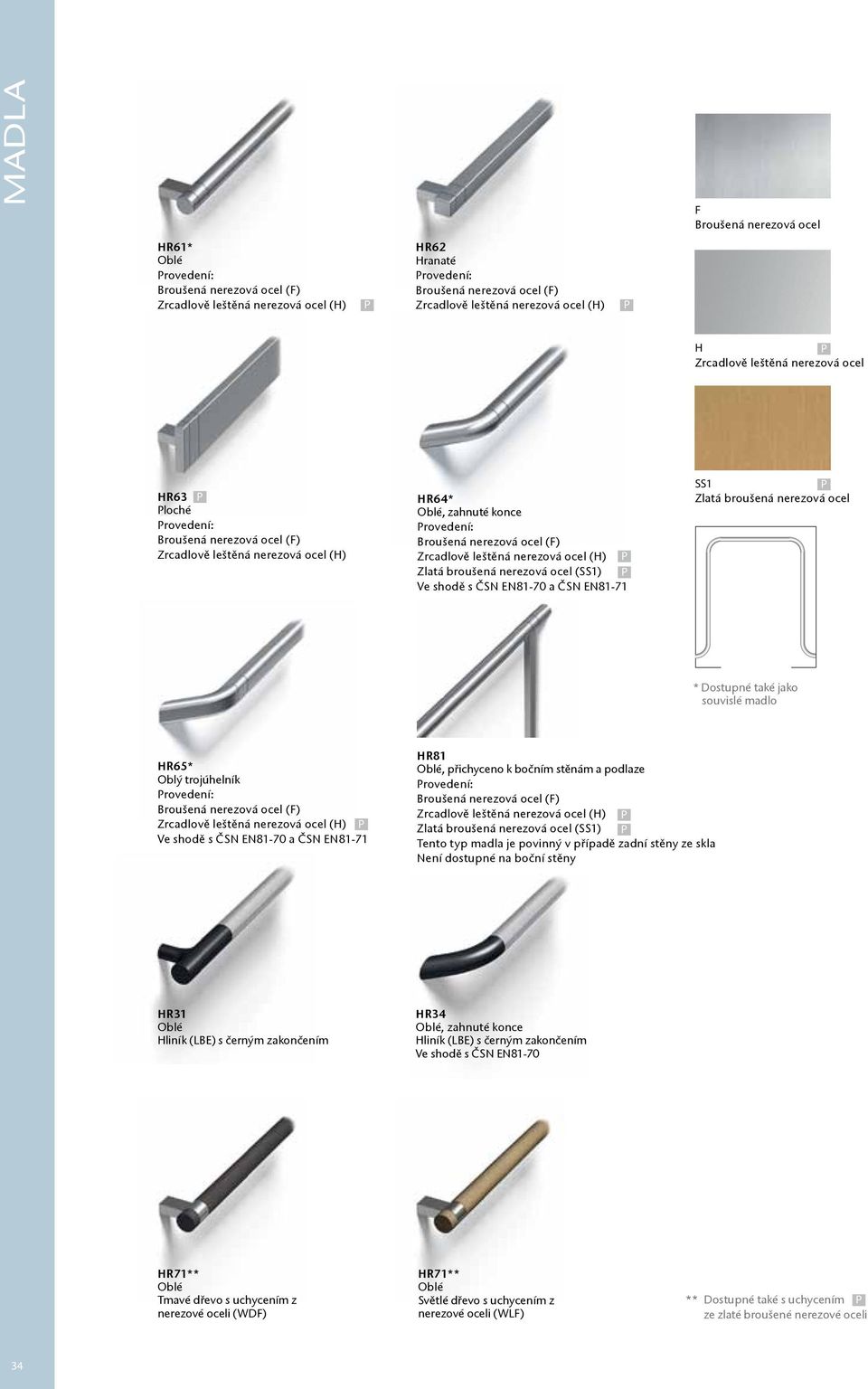 nerezová ocel (H) Zlatá broušená nerezová ocel (SS1) Ve shodě s ČSN EN81-0 a ČSN EN81-1 SS1 Zlatá broušená nerezová ocel * Dostupné také jako souvislé madlo HR65* Oblý trojúhelník rovedení: Broušená