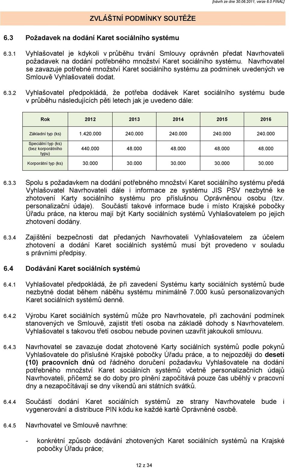 2 Vyhlašovatel předpokládá, ţe potřeba dodávek Karet sociálního systému bude v průběhu následujících pěti letech jak je uvedeno dále: Rok 2012 2013 2014 2015 2016 Základní typ (ks) 1.420.000 240.