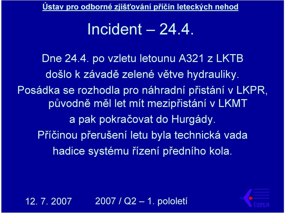 Posádka se rozhodla pro náhradní přistání v LKPR, původně měl let mít