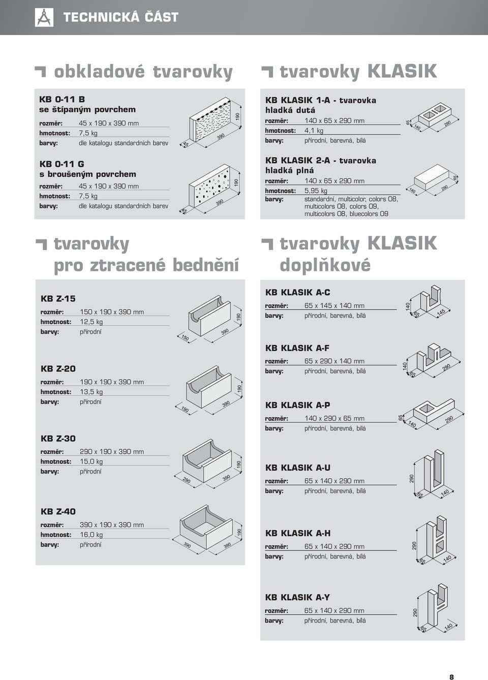 KLASIK 2-A - tvarovka hladká plná 140 x 65 x 290 mm hmotnost: 5,95 kg barvy: standardní, multicolor, colors 08, multicolors 08, colors 09, multicolors 08, bluecolors 09 tvarovky KLASIK doplňkové KB